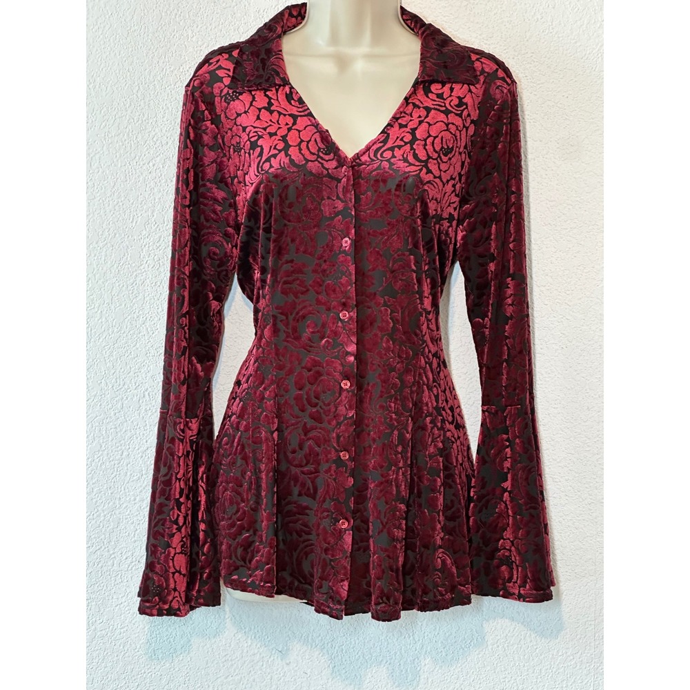 Ultra Pink Burgundy Floral Burnout Velvet Bell Sleeve Button Up Top Large